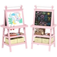 AIYAPLAY Kids Three-in-One Art Easel Chalkboard and Whiteboard with Paper and Baskets - Pink, Pink