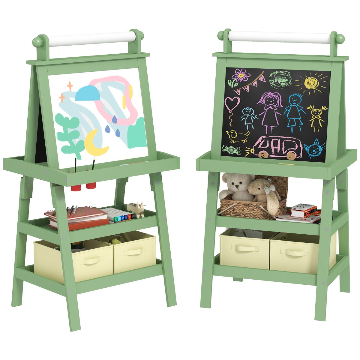 AIYAPLAY Kids Three-in-One Art Easel Chalkboard and Whiteboard with Paper and Baskets - Green, Green