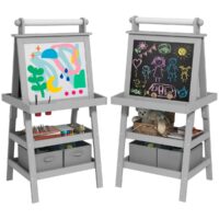 AIYAPLAY Kids Three-in-One Art Easel Chalkboard and Whiteboard with Paper and Baskets - Grey, Grey