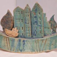 Wenna Crockatt Ceramic Boat With Houses Sculpture Artwork Display Original  One Of A Kind Preloved