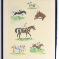 J Rivet -french Artist - Signed Lithograph Colour Print - Racehorses And Jockeys - C1947
