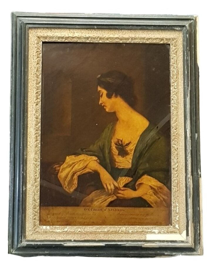 Vintage Framed Print "on Chloe's Sparrow" After Joshua Reynolds Mezzotint Print By Richard Houston
