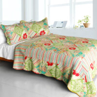 [Springtime Hills] Cotton 3PC Vermicelli-Quilted Floral Patchwork Quilt Set (Ful