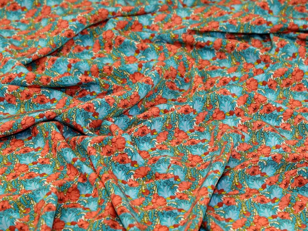 Liberty London Clementina Kensington Silk Crepe de Chine Fabric Coral & Aqua