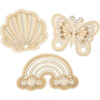 Wooden Shape with Holes, Rainbow, shell, butterfly, size 7,5-13 cm, 24 pc/ 1 pack