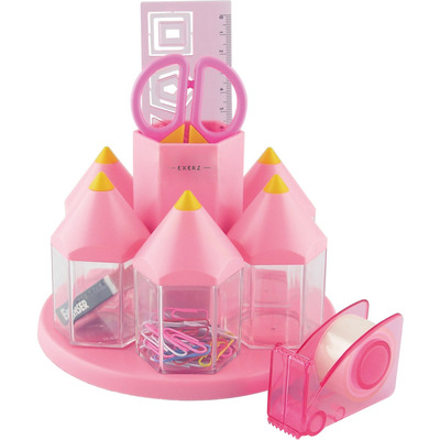 EXERZ Rotary Desk Organiser Pen Tidy Set with 5 Accessory Boxes -with Safety Scissors (NOT Sharp), Ruler, Tape Dispenser, Eraser, Clips - Pink