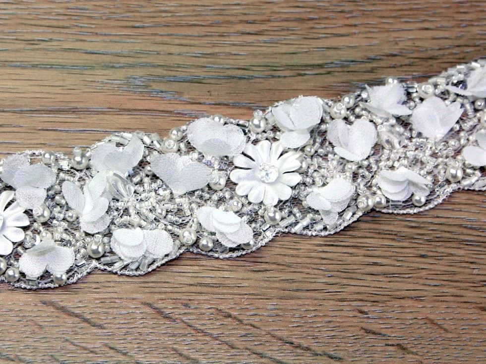 Beaded Flowers Lace Trim Ivory