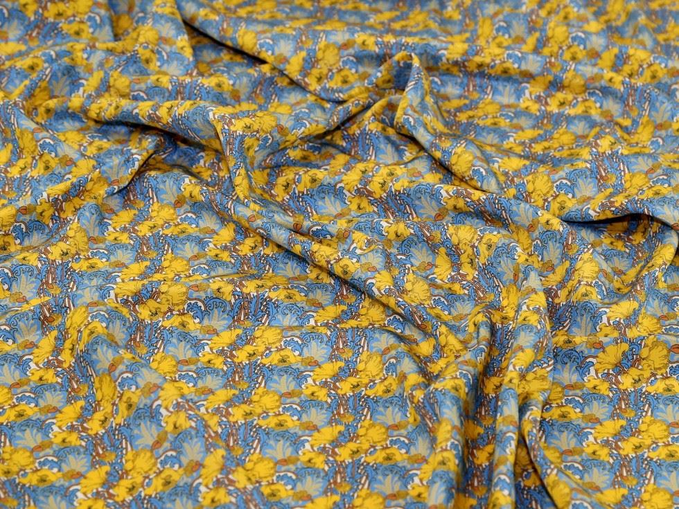 Liberty London Clementina Kensington Silk Crepe de Chine Fabric Yellow & Blue