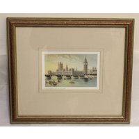 Framed Lithograph Print Of Houses Of Parliament And Westminster Bridge