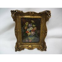 Signed Miniature Antique Floral Oil Painting In An Ornate Gilt Frame