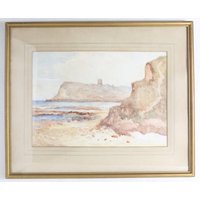 Original Signed Vintage Watercolour: Scarborough Castle From Scalby Mills By Chas Potter (1878-1902)